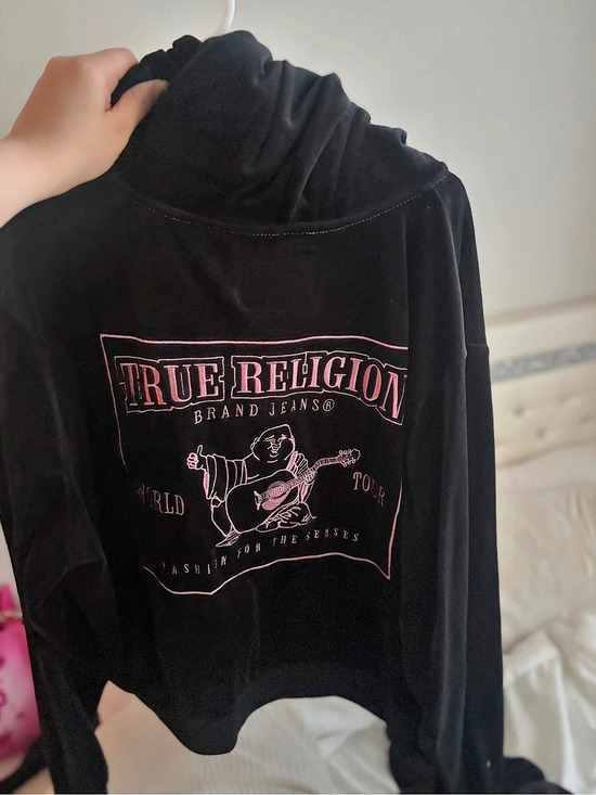 True Religion Tops - True Religion Velour Crystal Shrunken Zip Hoodie Black